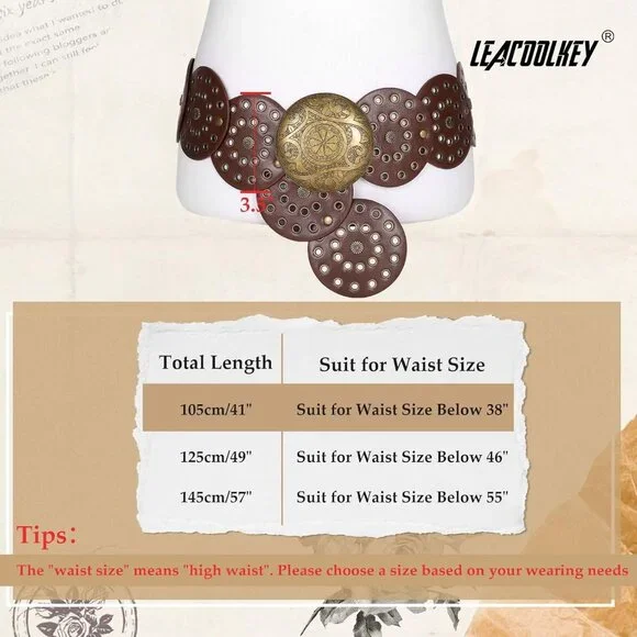 Women Western Leather Belt Boho Dics Conch Waist Belt for Dress Jeans